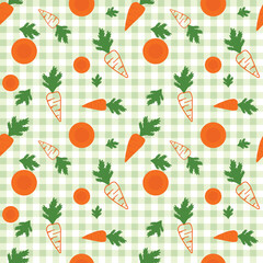 A seamless pattern of whole carrots with orange slices and cute green leaves. A light green gingham or checkered background for textiles, tablecloths, vegetable packaging, children's clothing, napkin