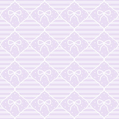 A cute white seamless pattern of ribbons, polka dots, and wavy lines. A light purple background decorated with neat straight lines for textiles, wrapping paper, flyers, wallpaper, tablecloths, napkins