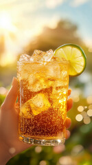 Hand holding glass of fizzy drink with ice and lime slice outdoors  