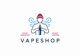 This logo depicts a trendy vape shop concept, featuring a stylized figure smoking a vape, and is designed to attract a youthful audience focused on lifestyle choices.