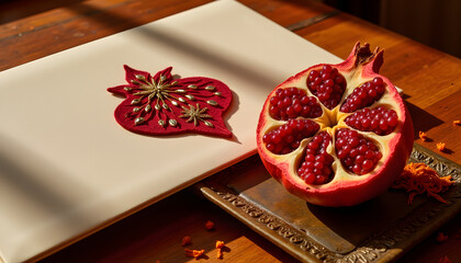 Luxurious cream paper invitation with red pomegranate motif and fruit  