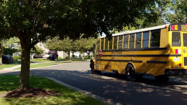 Yellow american school bus driving along residential street taking kids to school