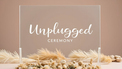Minimalist acrylic sign with "Unplugged Ceremony" text on display  