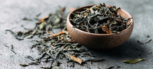 Fototapeta premium The tea leaves in a rustic wooden bowl on a textured stone surface