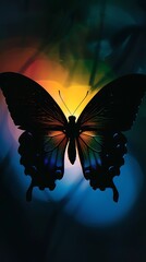 Mystical butterfly silhouette with rainbow gradient against blurred backdrop