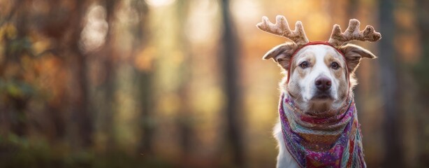 The Dog Wearing Reindeer Antlers and Colorful Scarf in Autumn Forest