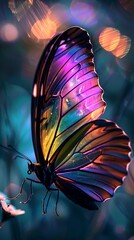 Iridescent wings reflect fantasy lights, ethereal butterfly close-up shot with bokeh