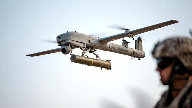Drone with missile flying by soldier under clear sky. Unmanned aerial vehicle for military surveillance and attack mission footage.