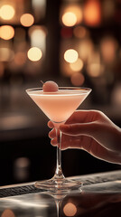 Hand holding Lychee Martini cocktail with garnish at bar counter  