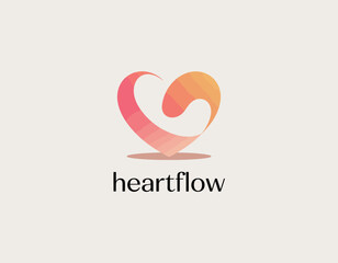 The Heartflow logo creatively merges a heart and fluid shape, symbolizing love, health, and wellness. Its gradient colors are soothing and inviting, ideal for a caring brand identity.