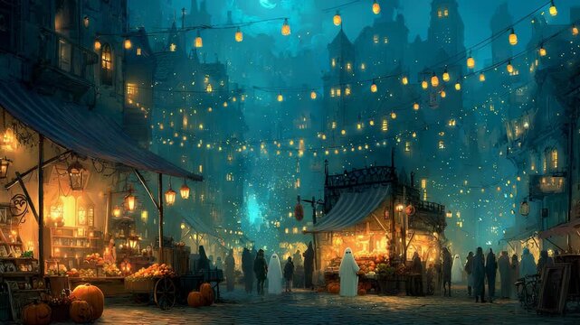 Spooky Halloween Night Market Scene with Ghosts, Pumpkins, and Lanterns in a Mystical Town Square Illustration