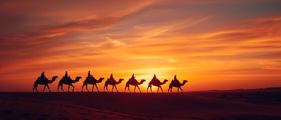 Silhouette of a camel train crossing desert sands against a vibrant sunset landscape
