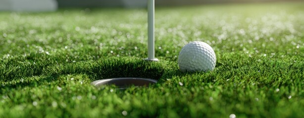 The Golf Ball Near Hole on Green in Morning Light