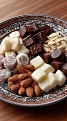 Traditional Turkish Ramadan sweets: sugar candy, chocolate, and almond candies arranged on a decorative plate. 
