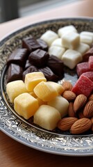 Traditional Turkish Ramadan sweets: sugar candy, chocolate, and almond candies arranged on a decorative plate. 