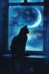 Silhouette of a Feline Gazing Out Window at Ethereal Crescent Moon and Starry Skies