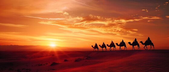 Caravan silhouettes traveling through a golden desert landscape at sunset