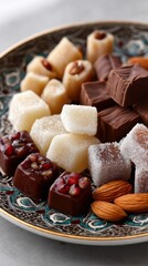 Traditional Turkish Ramadan sweets: sugar candy, chocolate, and almond candies arranged on a decorative plate. 