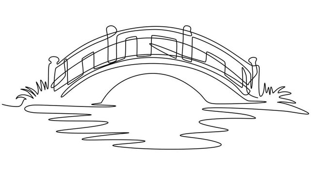 Abstract Bridge, Self drawing animation one continuous line draw, logo. Vertical Video, continuous one line drawing of an arched footbridge in a park vector outline sketch Full length single line pro.