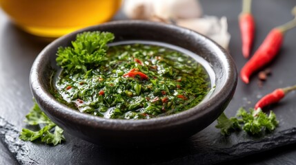 Vibrant chimichurri sauce with herbs and chili, close-up shot on a rustic dark surface.