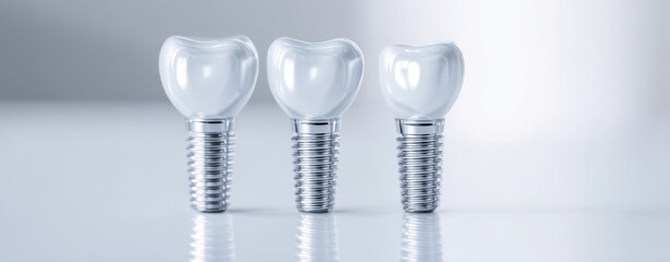 The Dental Implants Trio on Reflective Surface in Minimal Clinical Setting Close-Up