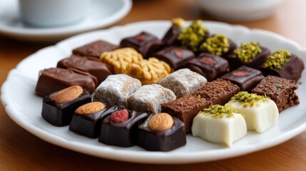 Traditional Turkish sweets, including chocolate and almond candies, beautifully presented for Ramadan. 