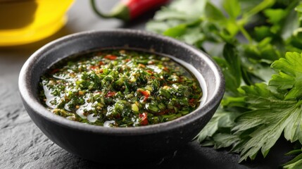 Vibrant chimichurri sauce with herbs and chili, close-up shot on a rustic dark surface. 