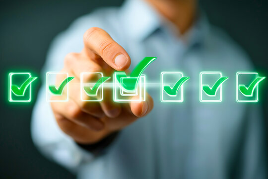 Businessman selecting checklist with green tick icons on virtual interface — success, productivity, goal achievement, technology concept