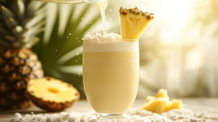 Piña colada being poured into a glass with pineapple garnish  