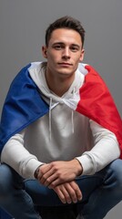 Young man sitting with the flag of France draped over his shoulders, posed against a grey background. 
