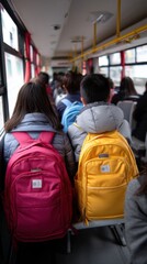 Young students with colorful backpacks, bonding on the bus ride to their school destination. 