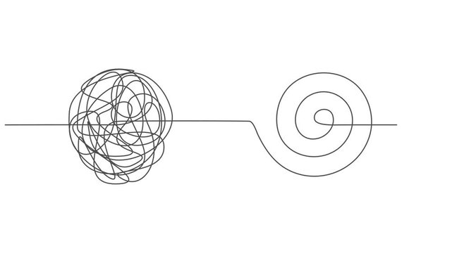 Self drawing animation of continuous one line drawing Chaotically tangled line and untied knot in form of circle. Full length single line animation, minimalist pro vector untied knot in form of circle