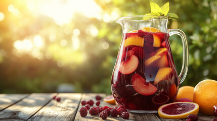 Refreshing pitcher of red sangria with fruit on wooden table outdoors  
