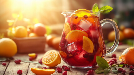 Refreshing pitcher of sangria with oranges and raspberries on table  