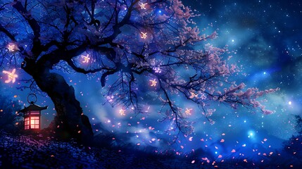 Mystical illuminated cherry blossom tree amidst falling petals and a starlit night