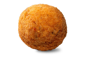 Arancina a spherical rice ball fried stuffed with meat sauce and cheese from Palermo, Sicily, Italy, isolated on white with clipping path included