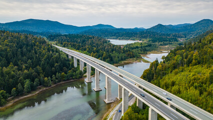 Panoramic aerial view of the toll highway (Autocesta A6) bridge near Fužine (Fuzine) and Lake...