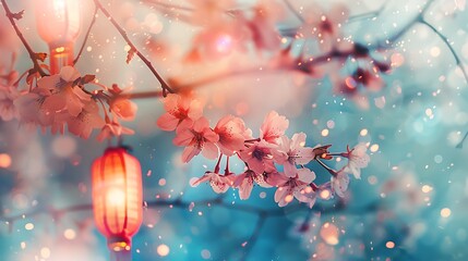 Dreamy Blossom Canopy: A Springtime Reverie with Lantern Glow and Floral Charm