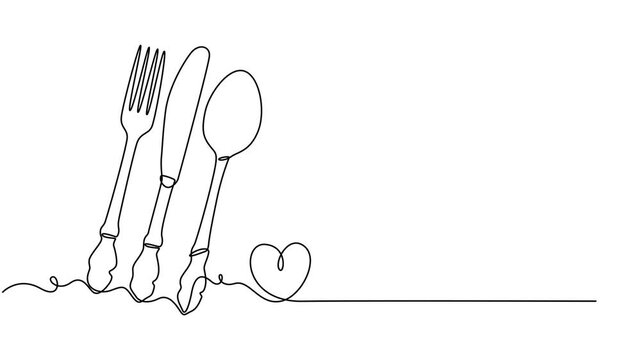 Video. Fork, knife and spoons. Continuous single line cutlery pattern for logos, business cards, banners. Animation on white background. 4K. Full length one line animation. 4K, Restaurant concept.