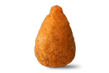 Arancino a conical rice ball fried stuffed with meat sauce and cheese from Catania, Sicily, isolated