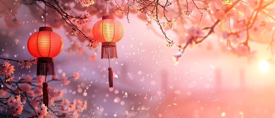 Elegant illumination: Traditional lanterns amidst cherry blossoms in enchanting light