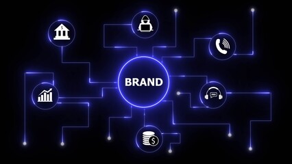 A glowing blue network diagram connecting icons representing brand elements like finance communication and growth