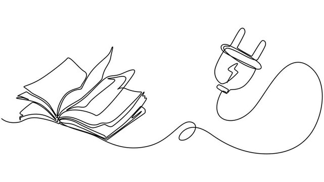 open book with cable plug animation continuous one line drawing, open book with power cable animation, power plug electric plug self drawing line concept video. Full length single line animation pro.