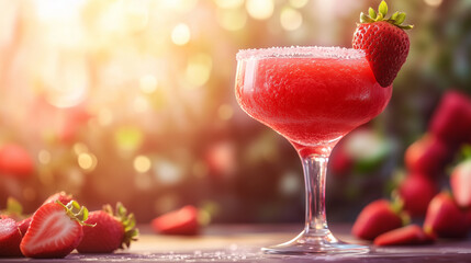 Frozen strawberry margarita in glass with fresh strawberries nearby  
