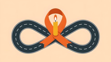 Road safety awareness ribbon with candle and infinity road design symbolizes commitment to preventing accidents and promoting safe driving practices