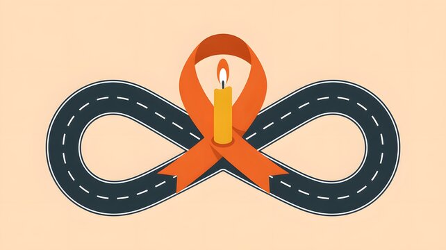 Road safety awareness ribbon with candle and infinity road design symbolizes commitment to preventing accidents and promoting safe driving practices