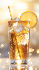 Tall glass of ginger ale with ice and lemon slice on blurred background  