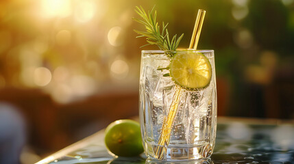 Refreshing gin and tonic cocktail with lime and rosemary on table  