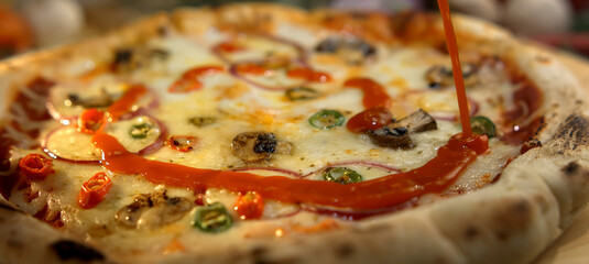 Close-up of freshly baked gourmet pizza with melted mozzarella, mushrooms, red onion and...