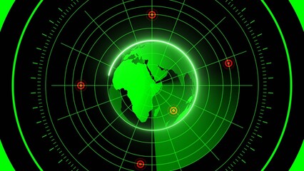 Green radar screen displaying glowing earth with red target markers globe